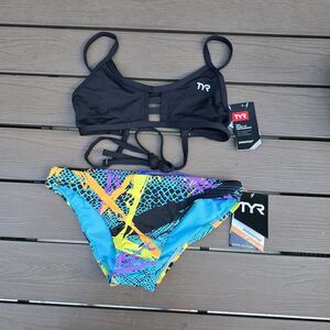 TYR Women's Solid Black Pacific Tie Top & Paseo Workout Bikini Sz S New